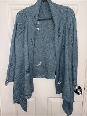 Open-Front Distressed Sweater Cardigan - Dusty Teal